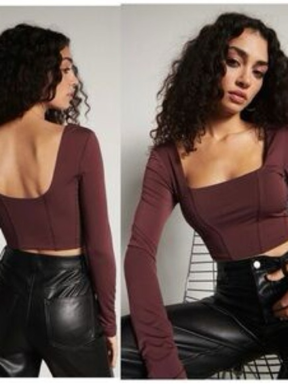 Dynamite Long-Sleeve Square Neck Crop Top in Burgundy
